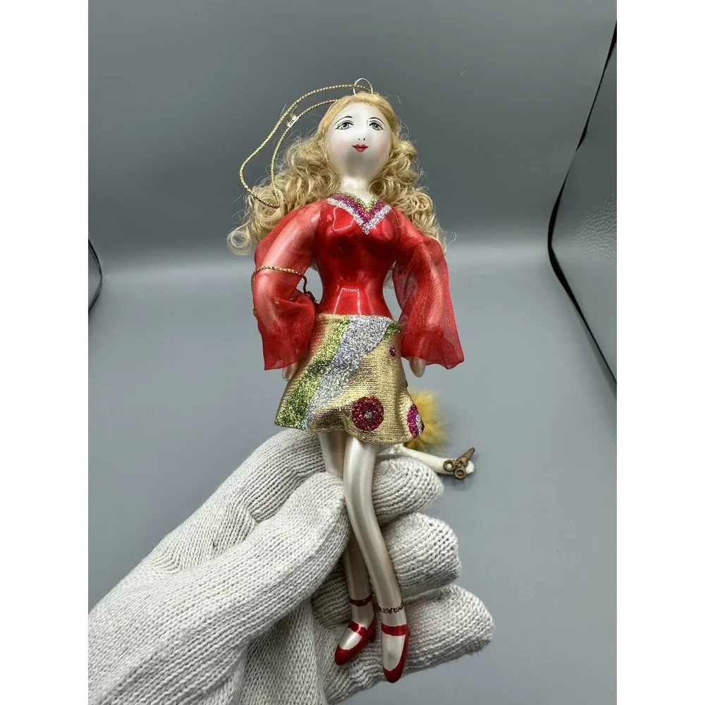 DILLARD'S TRIMMINGS BLOWN GLASS 60'S STYLE GIRL RED Gold Dress XMAS ORNAMENT